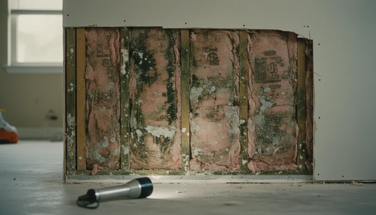 Mold removal in Miramar, FL: drywall opened to reveal mold growth on the studs and insulation behind the wall