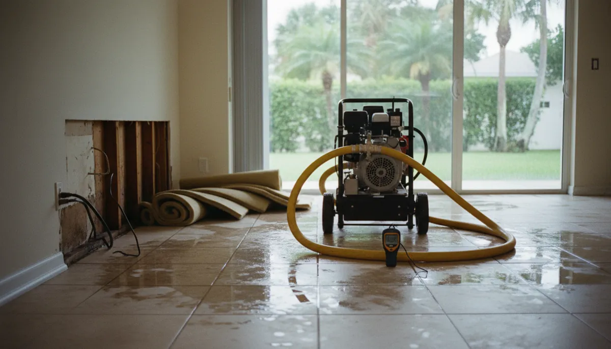 Water damage restoration in Fort Lauderdale, FL: a truck-mounted extractor drying a flooded tiled floor with baseboards and carpet removed